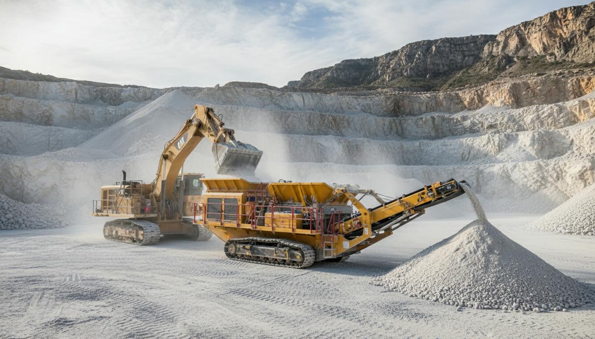 Мобильная дробильная установка и гидравлический экскаватор в известняковом карьере