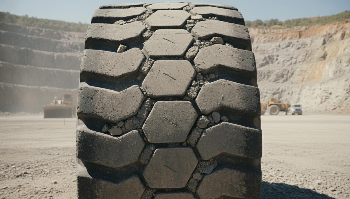 Крупногабаритная шина типоразмера 45/65R45 для тяжелого погрузчика на фоне карьера