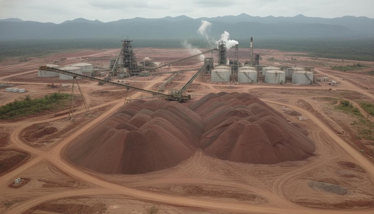 Промышленный вид на медный рудник со складами руды, конвейерными системами и обогатительной фабрикой