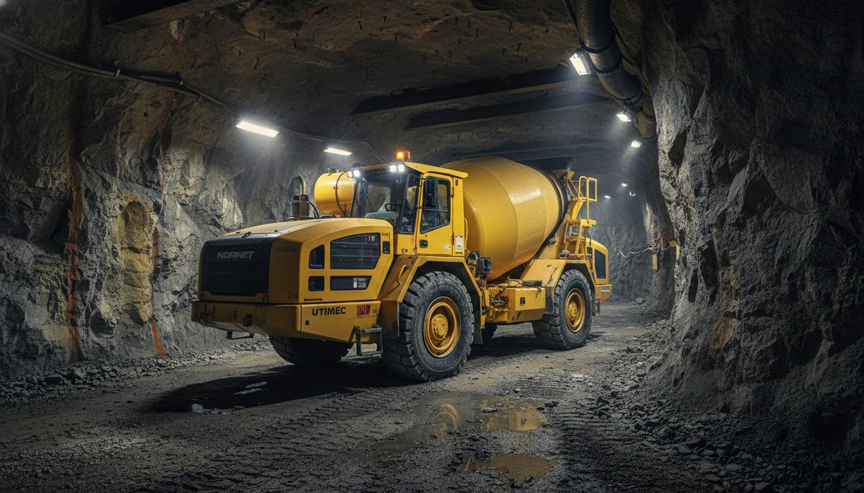 Электрический бетоносмеситель желтого цвета в туннеле подземного рудника