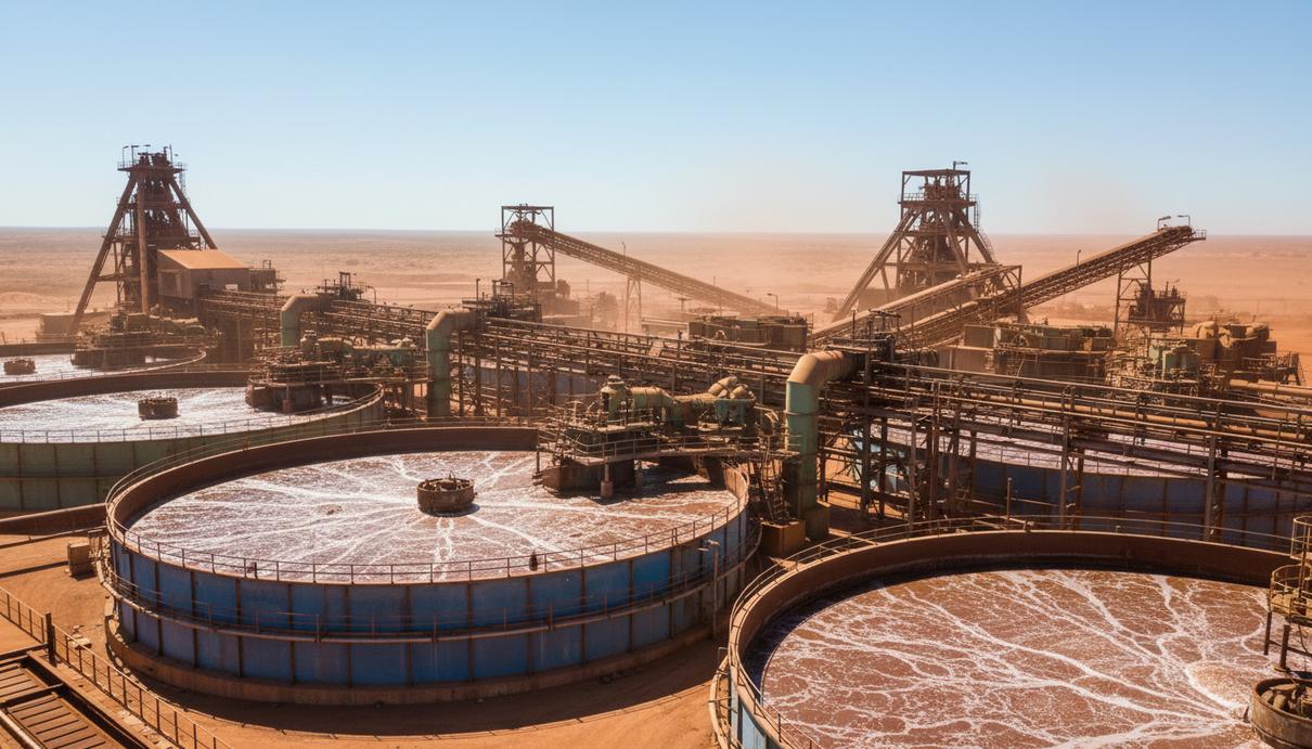 Промышленное оборудование для флотации руды на фоне медного месторождения в Австралии