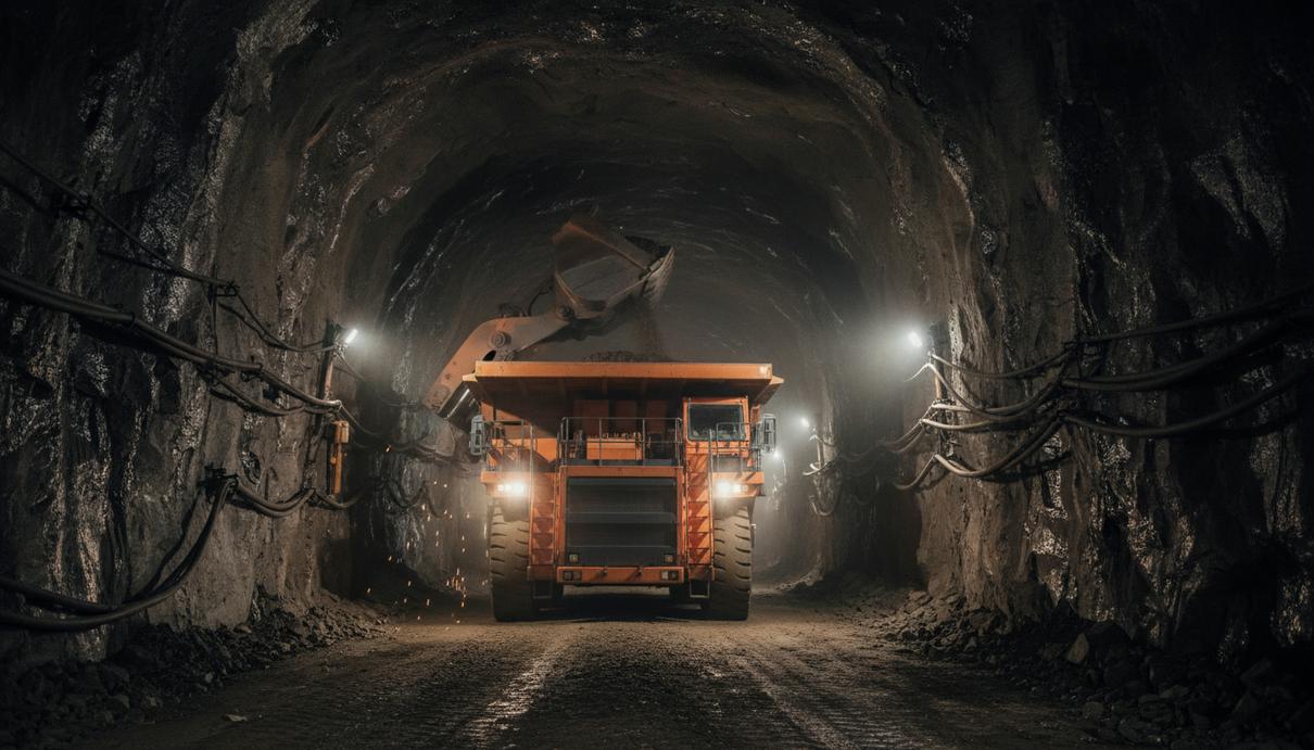 Подземный самосвал и погрузочная машина в освещенном тоннеле медного рудника