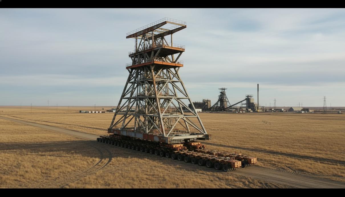 Самоходный модульный транспортер перевозит массивную стальную конструкцию шахтного копра по равнине