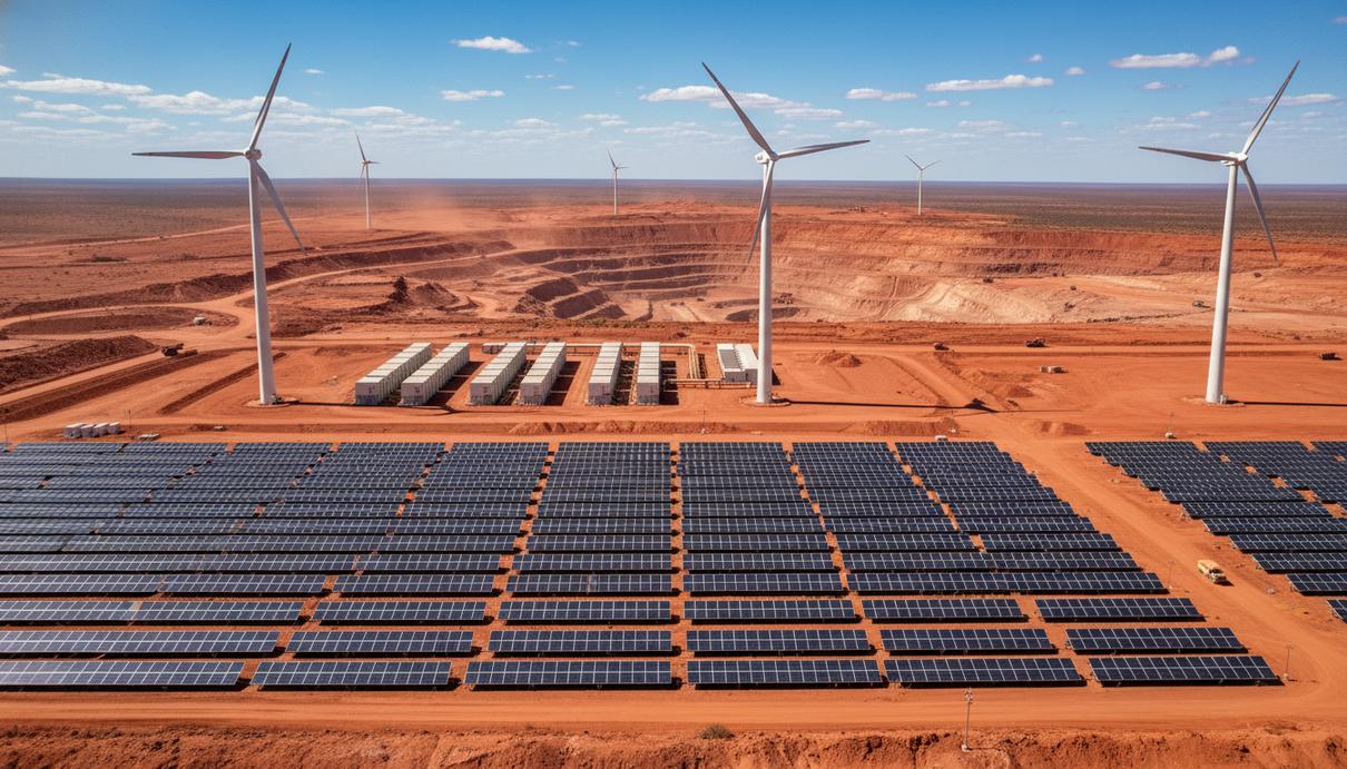 Ряды солнечных панелей и ветряные генераторы на фоне красной почвы и горного ландшафта.