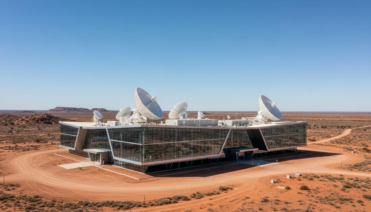 Современное здание центра дистанционного управления горными работами на фоне австралийского пейзажа