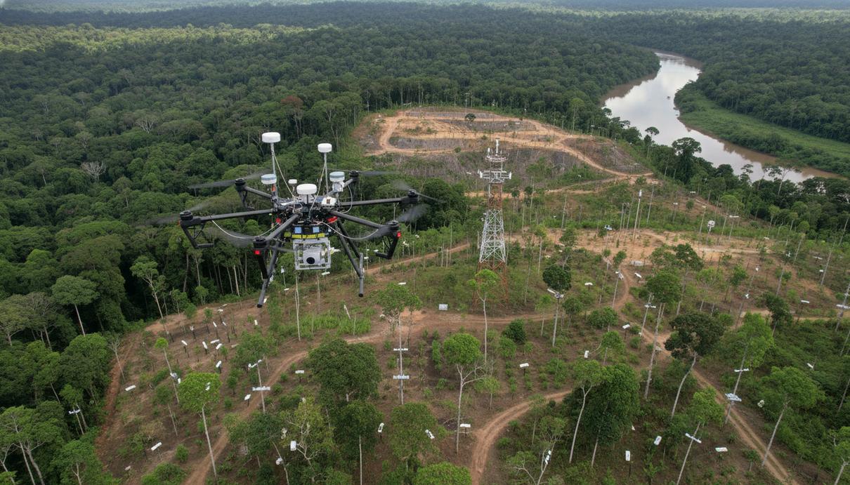 Вид с воздуха на лесной массив и рекультивированный карьер с оборудованием для мониторинга