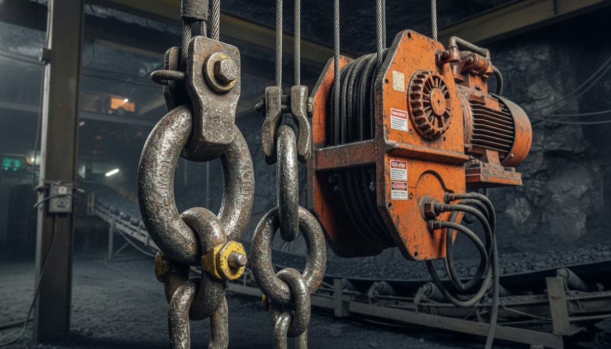 Массивные стальные карабины и грузоподъемный механизм на промышленном объекте