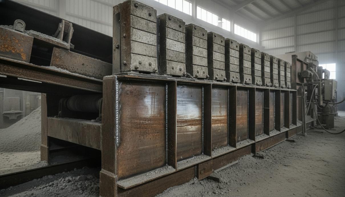 Узел перегрузки промышленного конвейера с внешними стальными футеровками и защитными креплениями