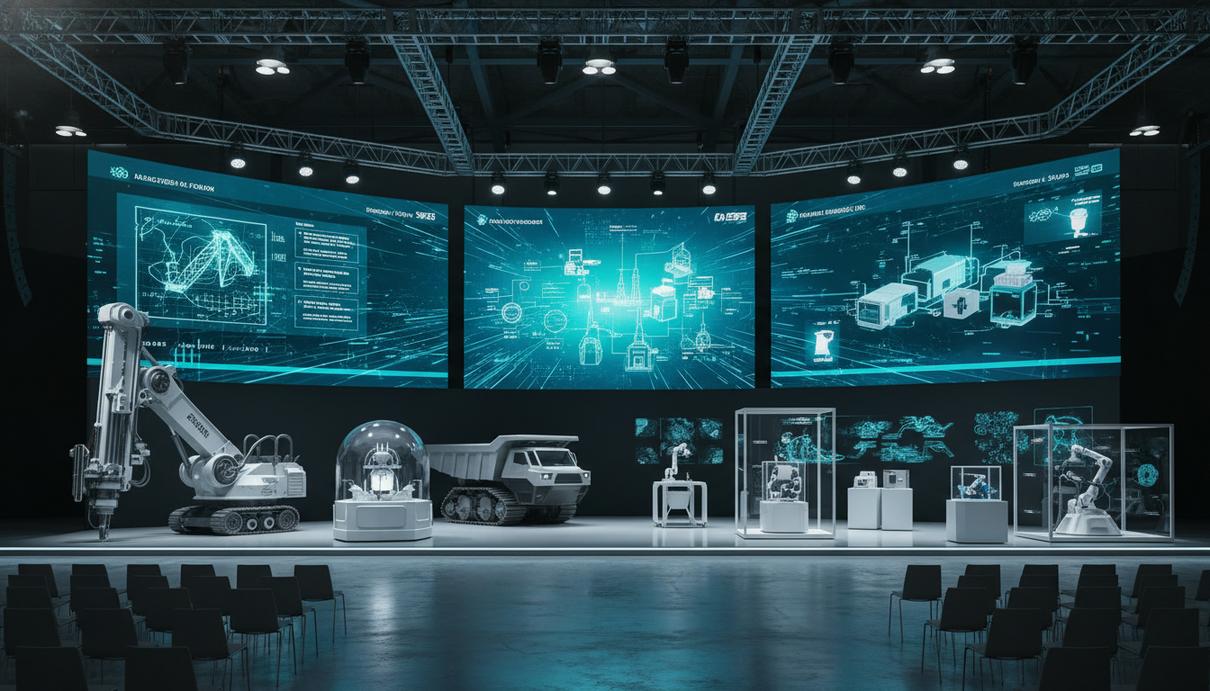 Выставочный стенд с современным лабораторным оборудованием и цифровыми экранами на фоне промышленного ангара.