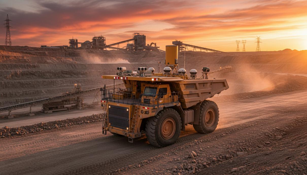 Тяжелая карьерная машина с установленными датчиками автономного управления в глубоком угольном разрезе