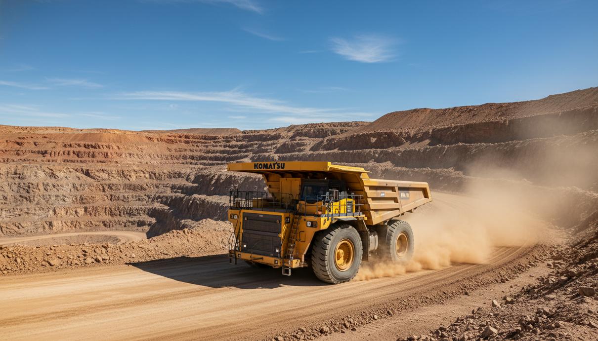 Желтый автономный карьерный самосвал Komatsu на дороге в глубоком золотом разрезе в солнечный день.