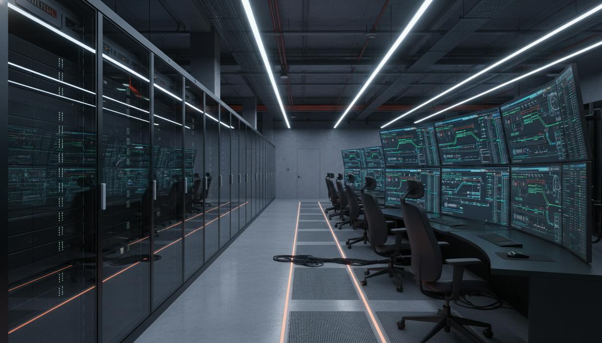 Цифровые дисплеи с графиками и схемами промышленных процессов в помещении диспетчерской