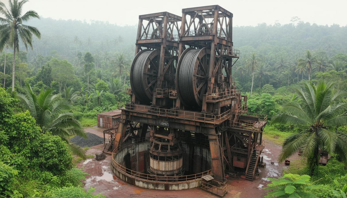 Стальные конструкции шахтной подъемной установки на фоне тропического леса в Индонезии