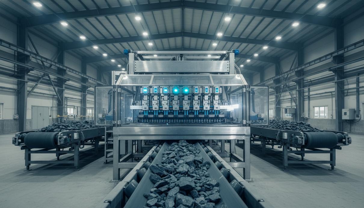 Промышленная установка рентгенорадиометрической сортировки руды в цехе горно-обогатительного комбината.