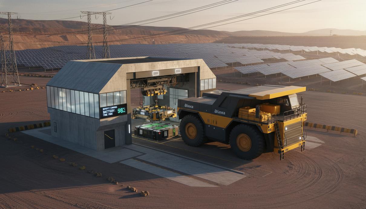 Электрический карьерный самосвал на автоматизированной станции замены батарей в железном руднике