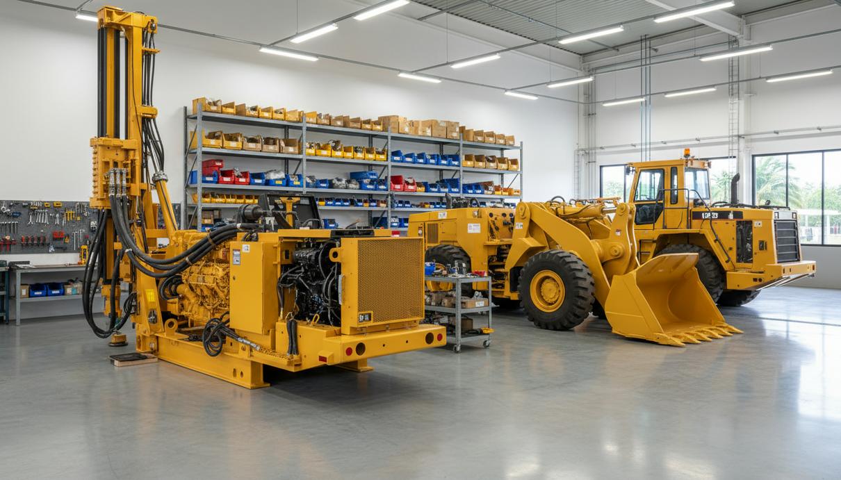 Современный сервисный цех с горнодобывающей техникой Sandvik и запасными частями в городе Лаэ