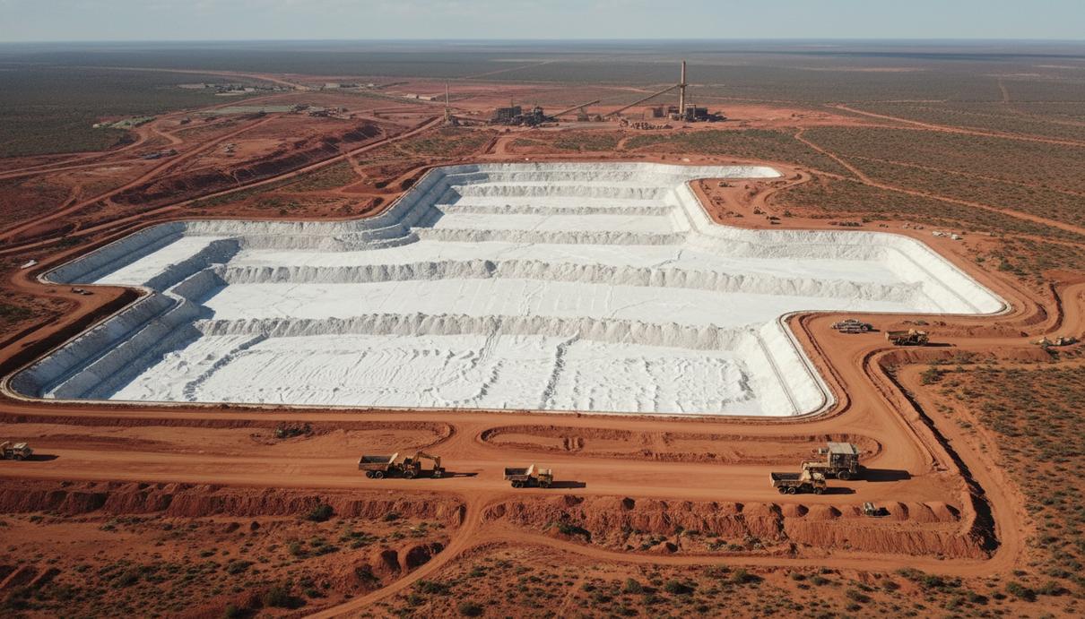 Вид сверху на территорию горнодобывающего предприятия с масштабными отвалами и белым налетом минералов.