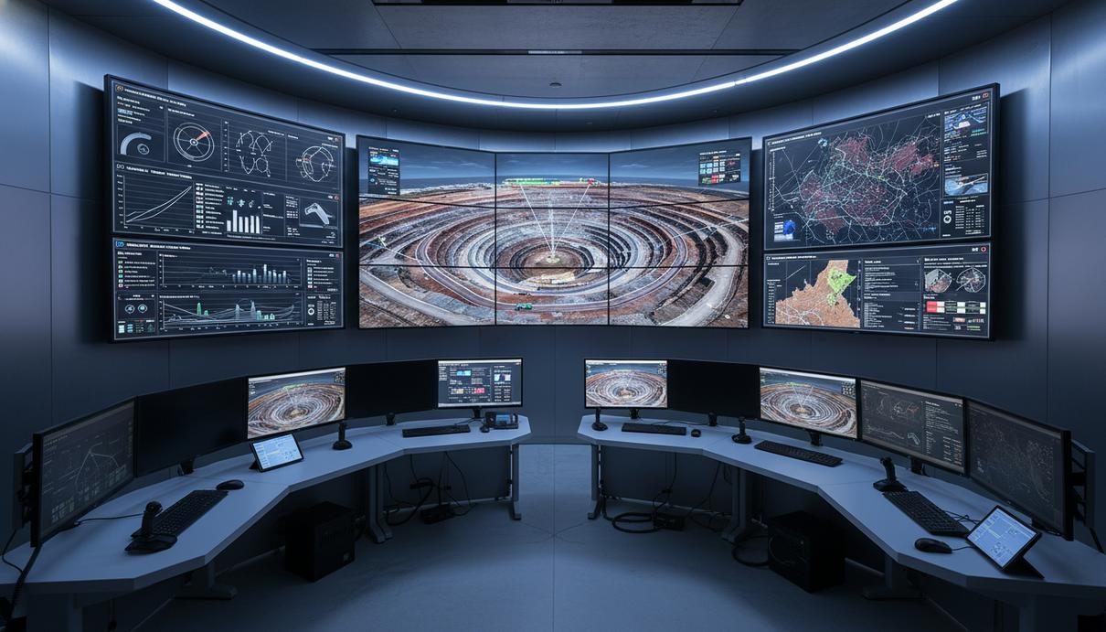 Интерьер центра управления с экранами, на которых показаны цифровые модели карьера и данные о добыче