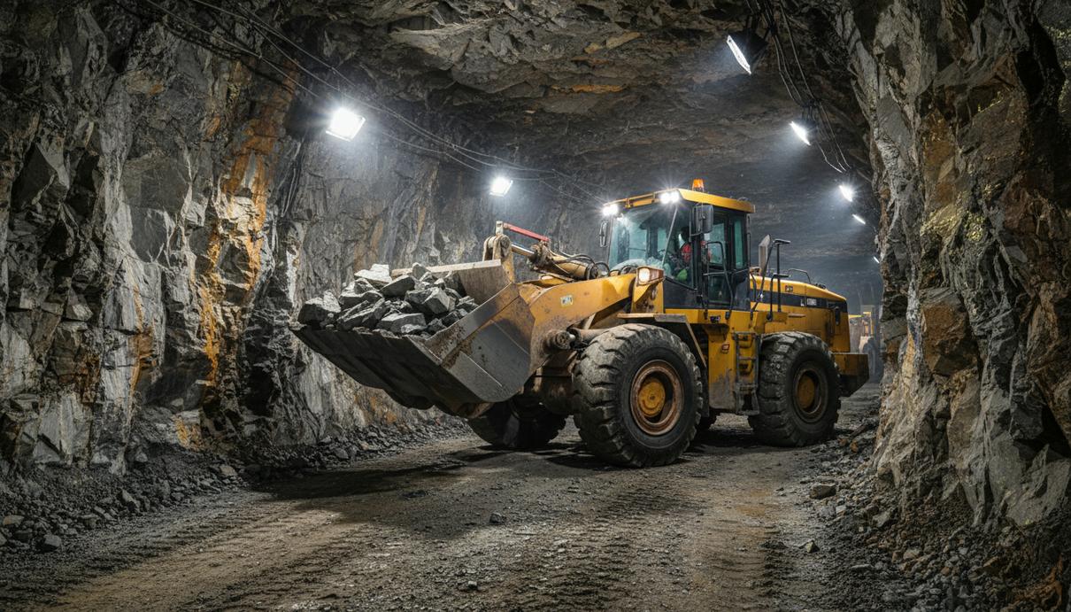 Дизель-электрический погрузчик в подземном туннеле золотого рудника с каменными стенами