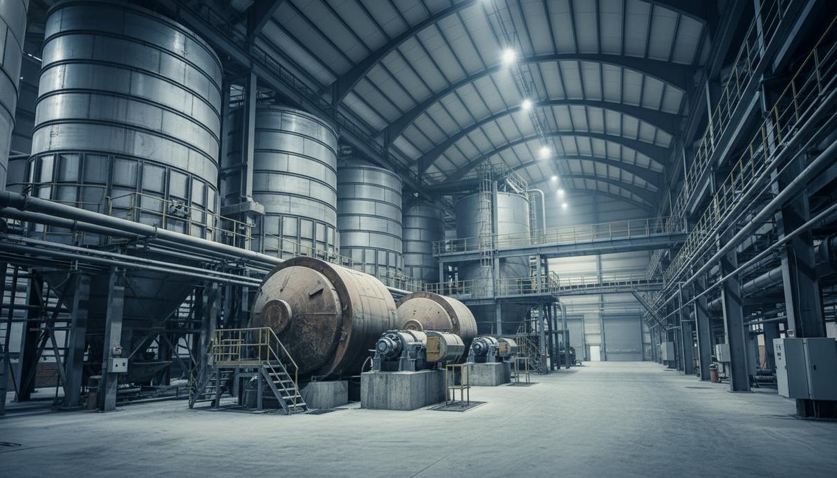 Индустриальный интерьер обогатительной фабрики с крупными металлическими емкостями и трубопроводами.