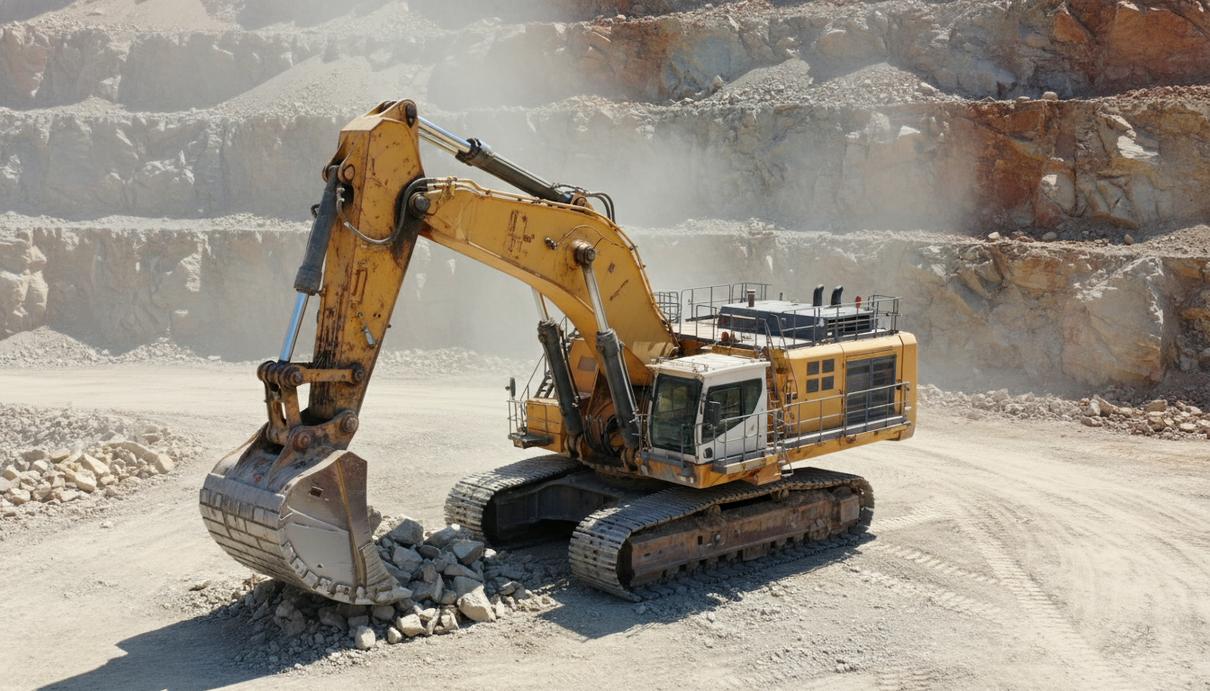 Гидравлический экскаватор на фоне ступенчатых склонов глубокого карьера в дневное время.