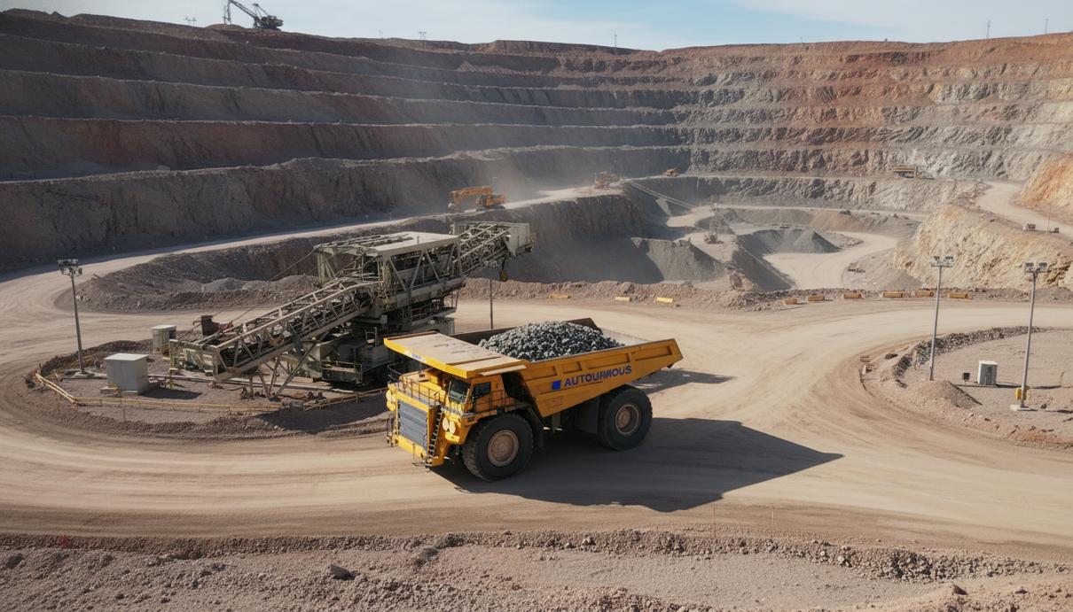 Беспилотный электрический карьерный самосвал на территории открытой горной выработки в светлое время суток