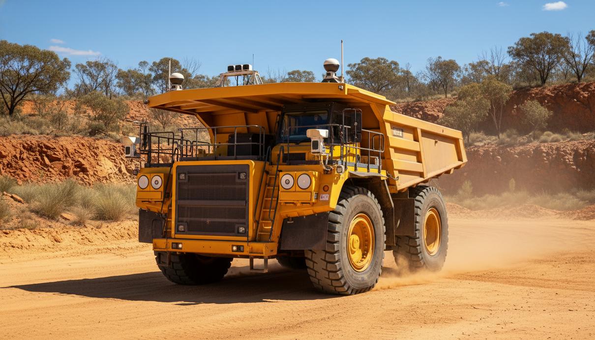 Автономный карьерный самосвал желтого цвета в песчаном карьере на фоне красной почвы Австралии