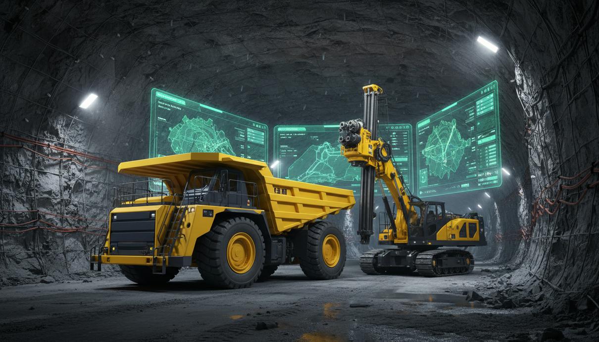 Sandvik создает единую цифровую среду для горнодобывающей промышленности Автоматизированный подземный самосвал и буровая установка в освещенном туннеле современной шахты