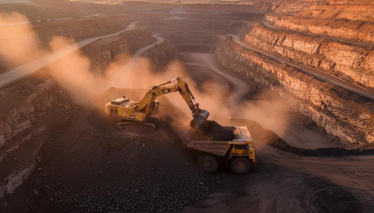 Anglo American продает угольный бизнес в Австралии компании Dhilmar за 3,87 млрд долларов Гидравлический экскаватор загружает уголь в карьерный самосвал на фоне австралийского угольного разреза.