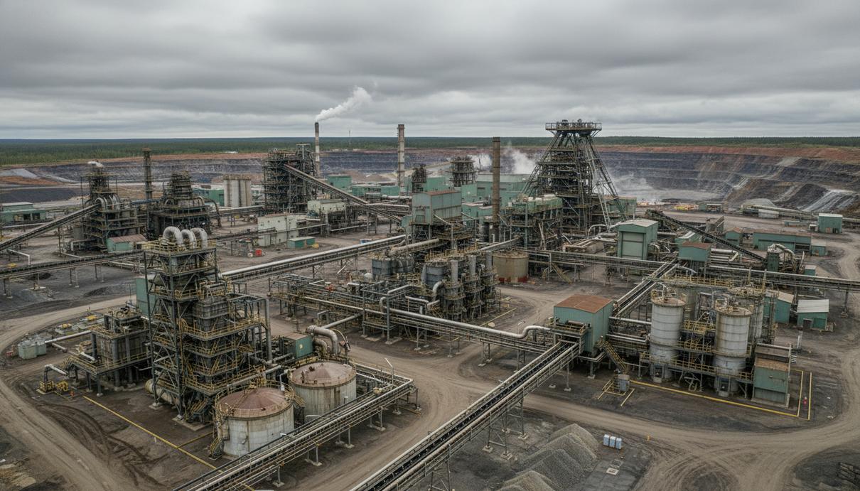 Terrafame планирует запустить единственное в Европе производство скандия Промышленные корпуса и технологические линии горнодобывающего комплекса в Финляндии на фоне леса.