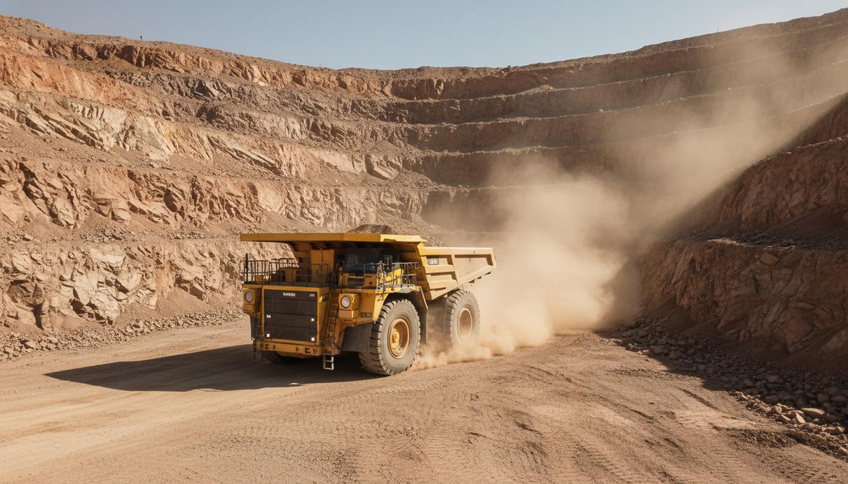 Желтый карьерный самосвал Komatsu на фоне террас открытого золоторудного карьера в солнечный день.