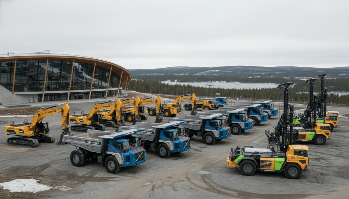 Выставка Euro Mine Expo 2026 в Швеции соберет лидеров горнодобывающей отрасли Современный электрический карьерный самосвал на уличной выставочной площадке перед зданием спортивной арены