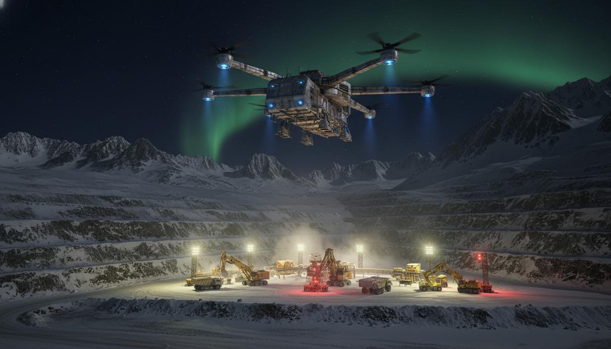 Greenland Resources внедрит беспилотные технологии на руднике в Гренландии Автономный беспилотник над заснеженным карьером открытого рудника в Гренландии в полярную ночь