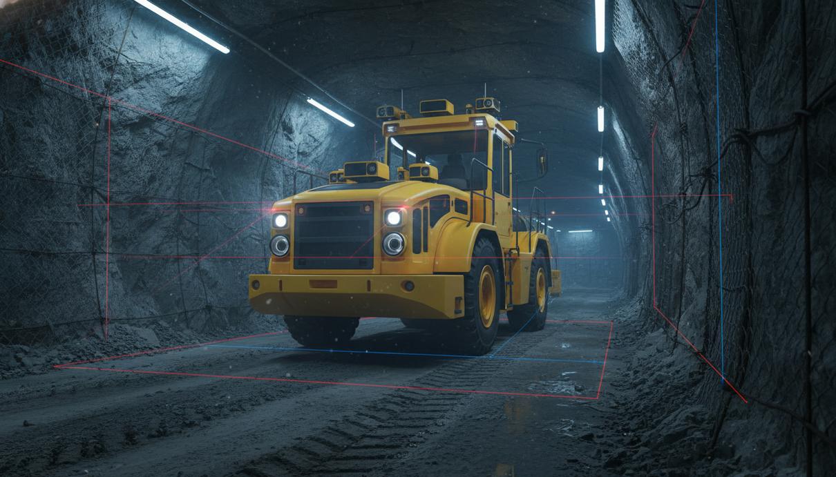 Sandvik представил новую платформу автоматизации подземных горных работ Автономный подземный погрузчик работает в темном туннеле шахты при искусственном освещении