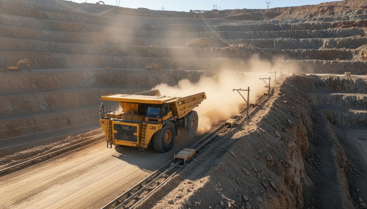 Komatsu и ABB разработают систему бокового токосъема для карьерной техники Электрический карьерный самосвал движется вдоль контактной линии в глубоком угольном разрезе.