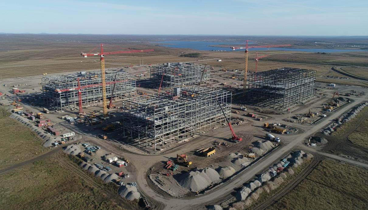 Metso инвестирует 60 млн евро в строительство завода дробилок в Тампере Строительная площадка современного промышленного центра с металлическими каркасами зданий и кранами