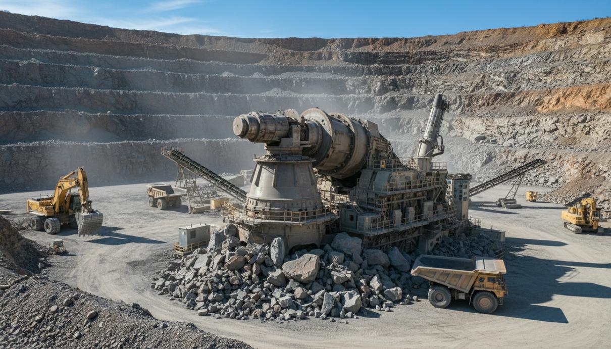 Крупногабаритная гирационная дробильная установка в карьере на фоне скальной породы