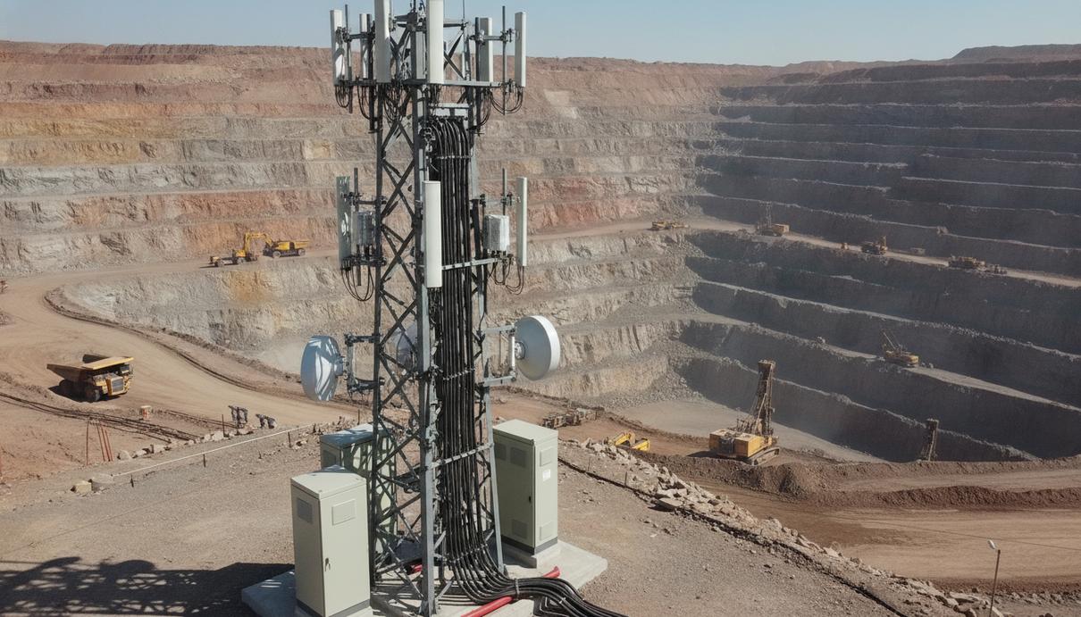 Epiroc и Ericsson масштабируют внедрение сетей 5G в горнодобывающей отрасли Промышленное телекоммуникационное оборудование на фоне территории глубокого карьера с горной техникой.