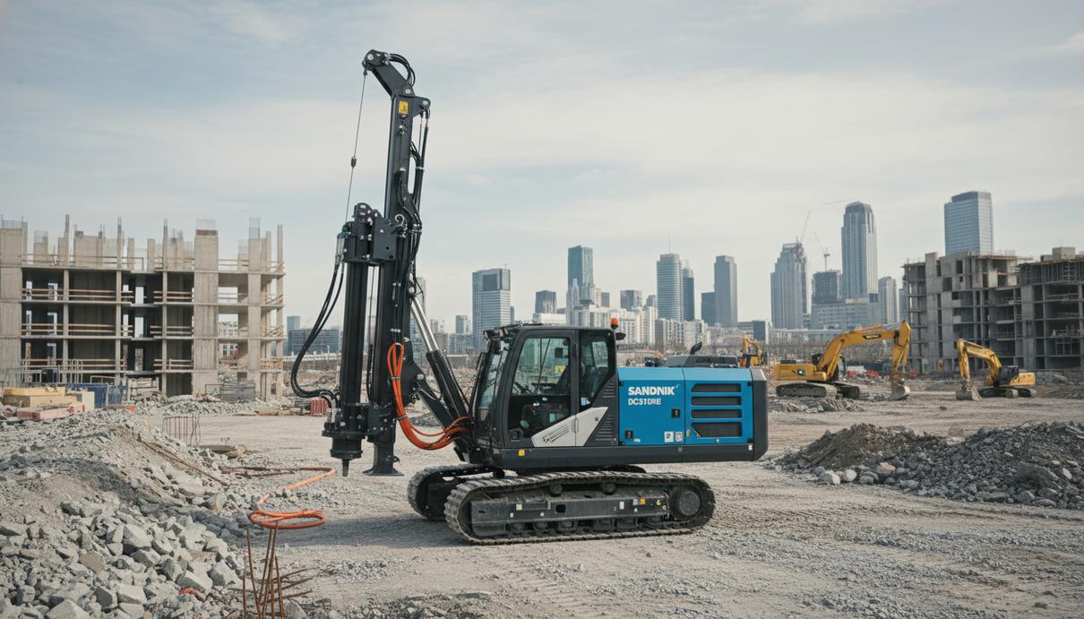 Sandvik представила первую электрическую буровую установку для поверхности Полностью электрическая буровая установка Sandvik Commando DC310RiE на стройплощадке в городских условиях.