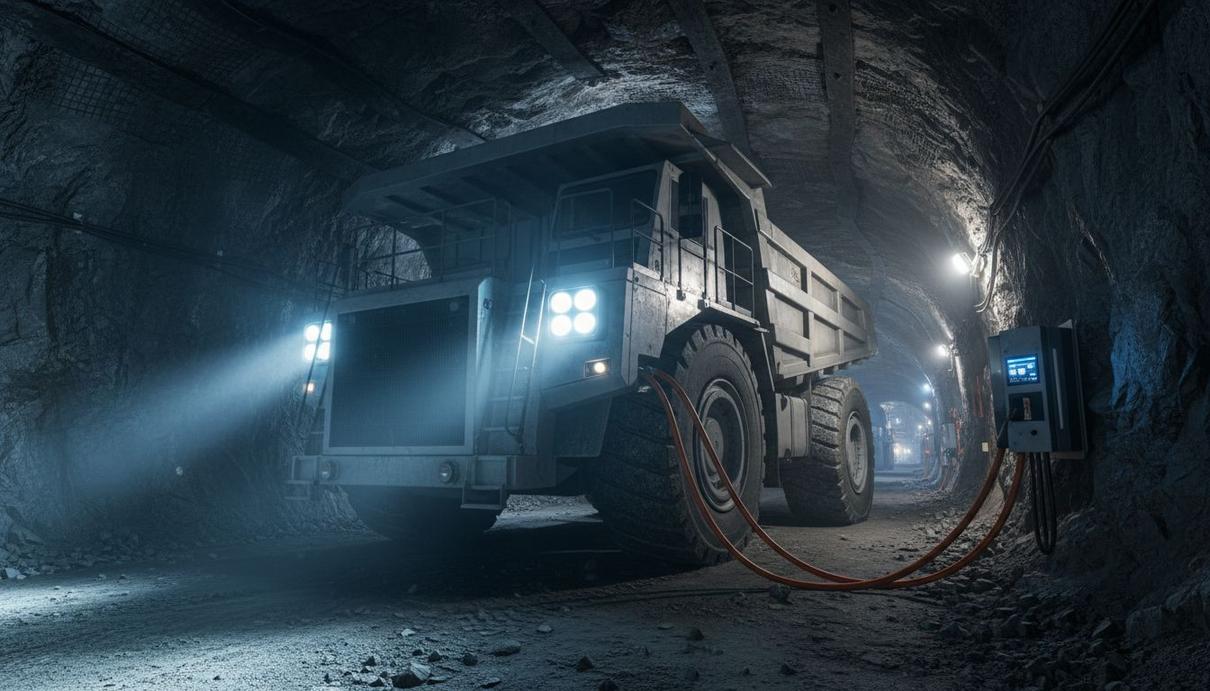 Codelco привлечёт французский институт для электрификации рудников Электрический карьерный самосвал в подземном руднике подключён к зарядной станции на стене туннеля.