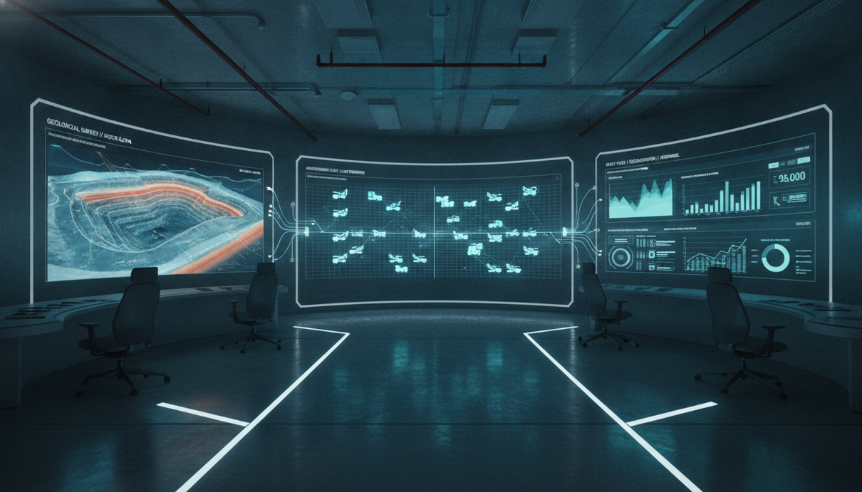 Цифровой интерфейс с 3D-моделью карьера, схемами управления техникой и графиками добычи в центре управления горным производством.