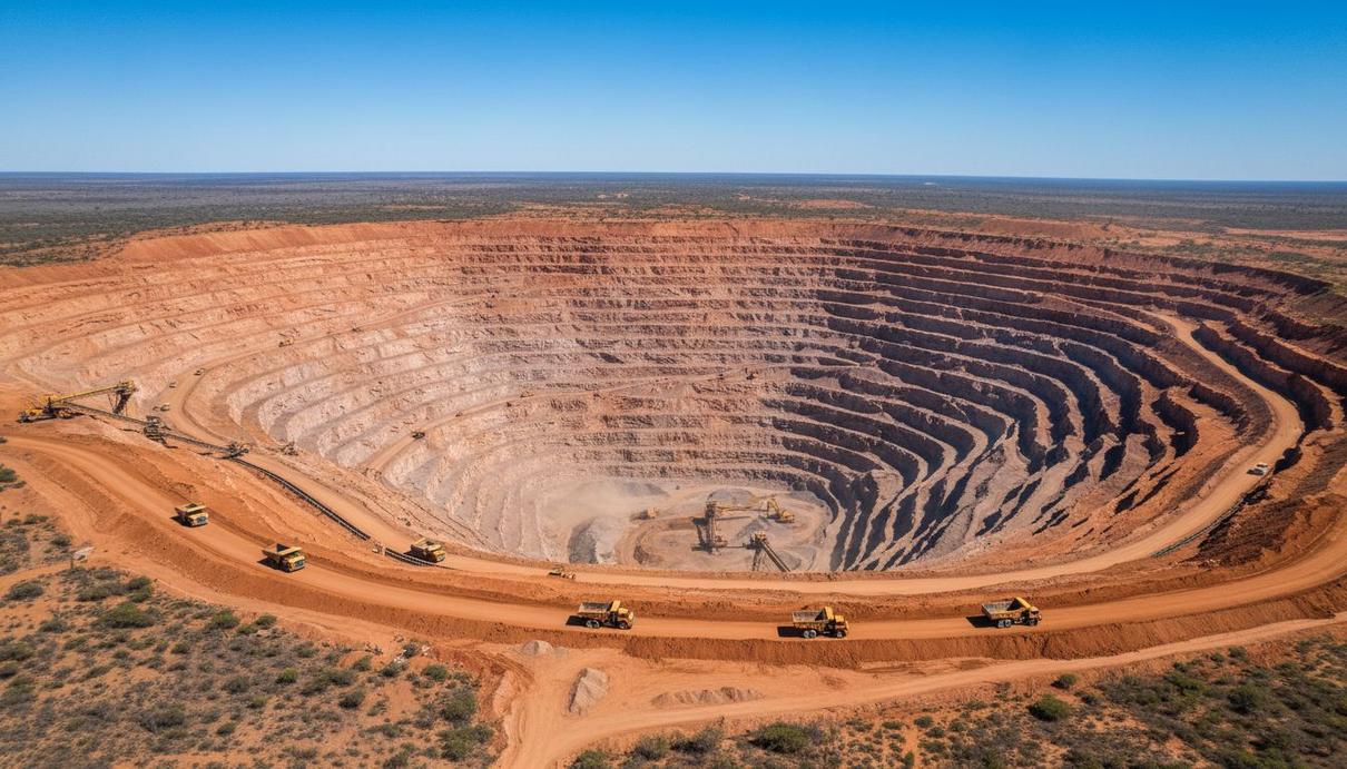 Pilbara Minerals вложит А$175 млн в подготовку к расширению Pilgangoora Карьер литиевого рудника Пилгангура в Западной Австралии с высоты птичьего полета, видны террасы карьера и горная техника.