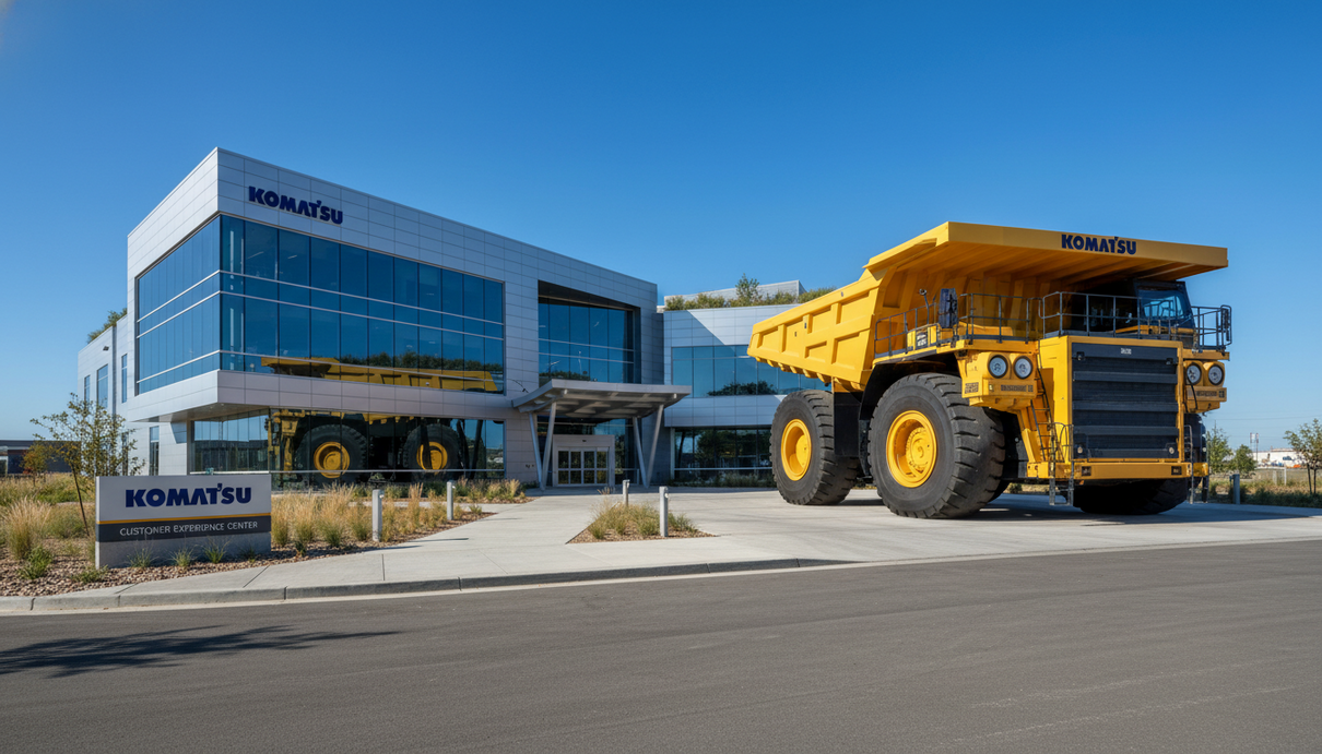 Komatsu открыла в США центр для разработки карьерной техники Современное офисное здание Komatsu в Пеории и огромный карьерный самосвал 980E-5SE, установленный у входа в комплекс.