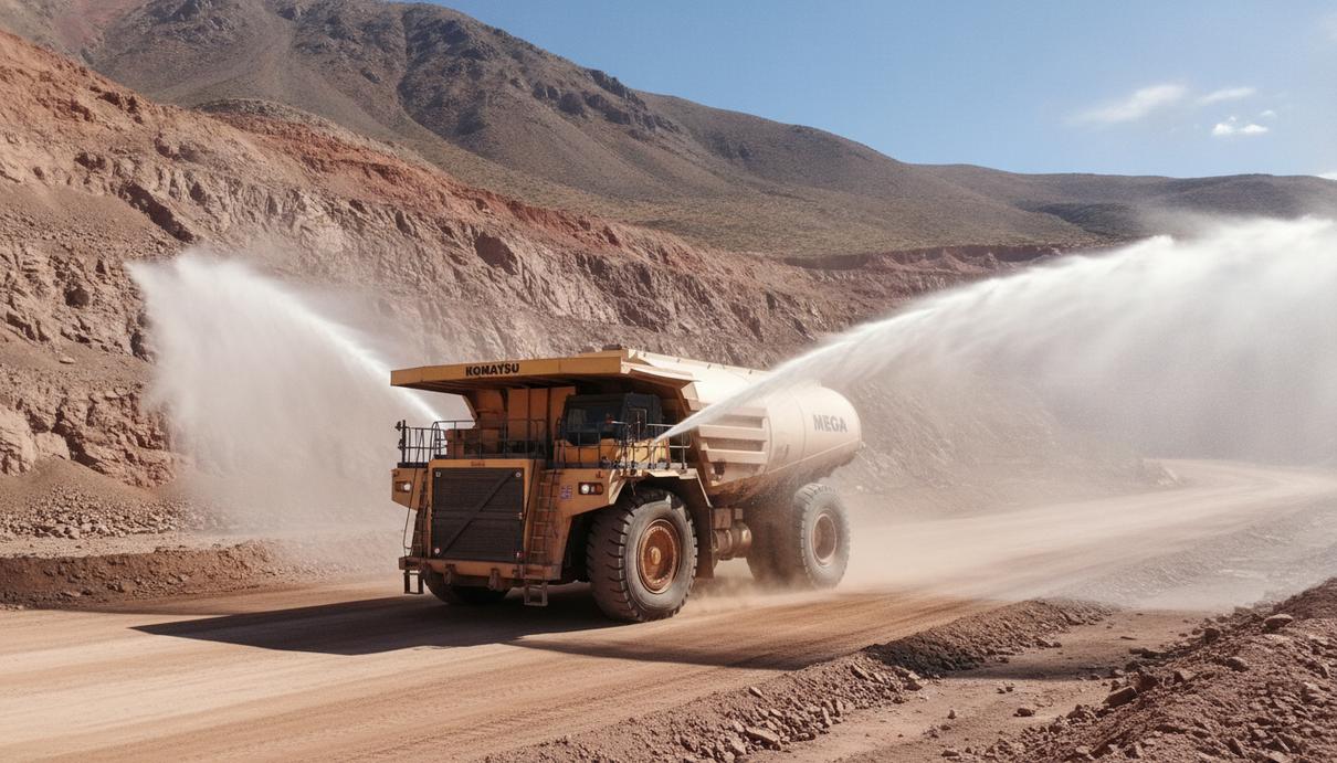 Огромный карьерный самосвал-водовоз Komatsu с белой цистерной поливает дорогу в открытом медном карьере на фоне гор.
