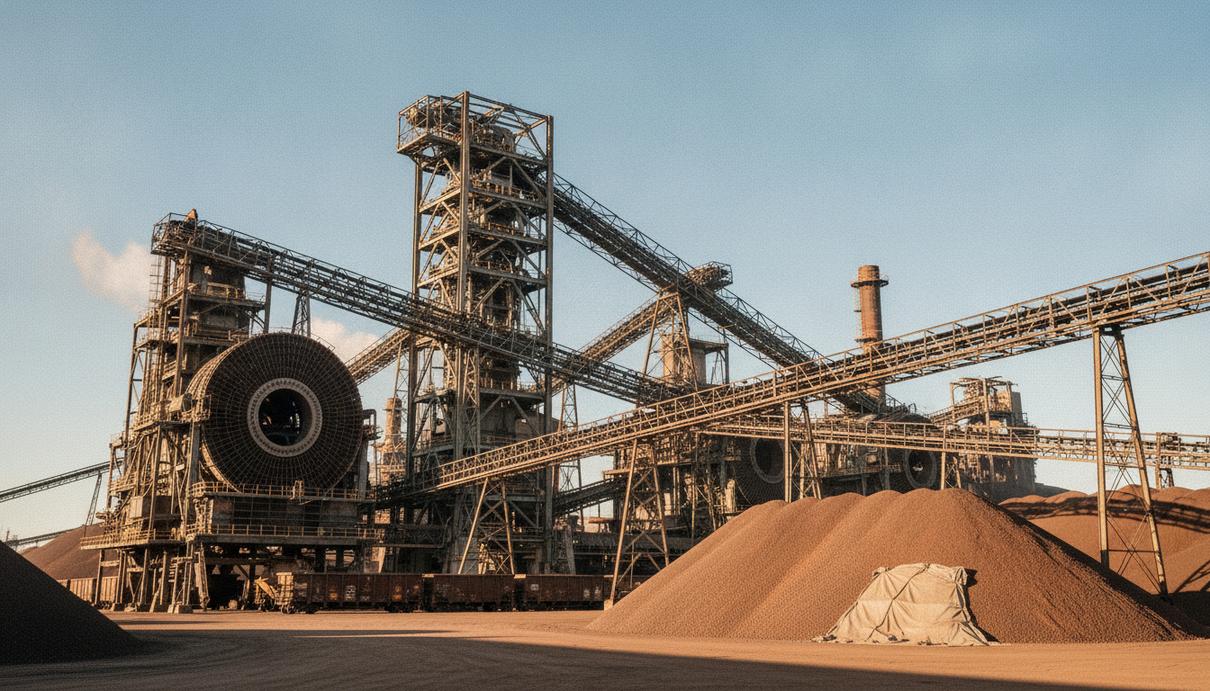 Промышленная установка для производства железорудных окатышей на металлургическом заводе, конвейеры и штабели готовой продукции.