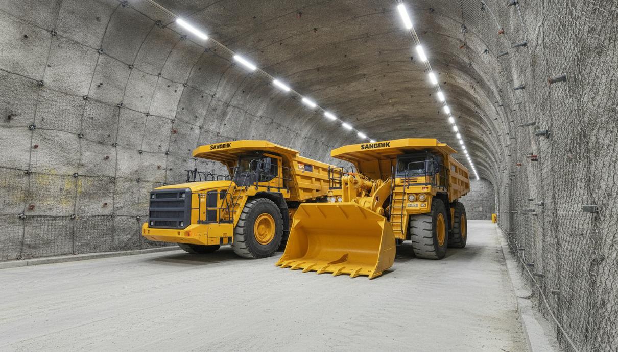 Новый подземный погрузчик и самосвал Sandvik в освещенном тоннеле современного золотодобывающего рудника.