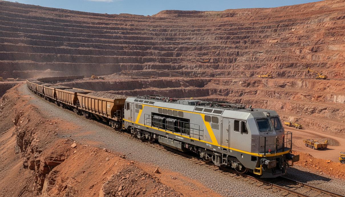 Wabtec договорилась с Forsee Power о поставках аккумуляторов для электровозов Современный грузовой электровоз на железнодорожных путях на фоне большого карьера горнодобывающего предприятия.