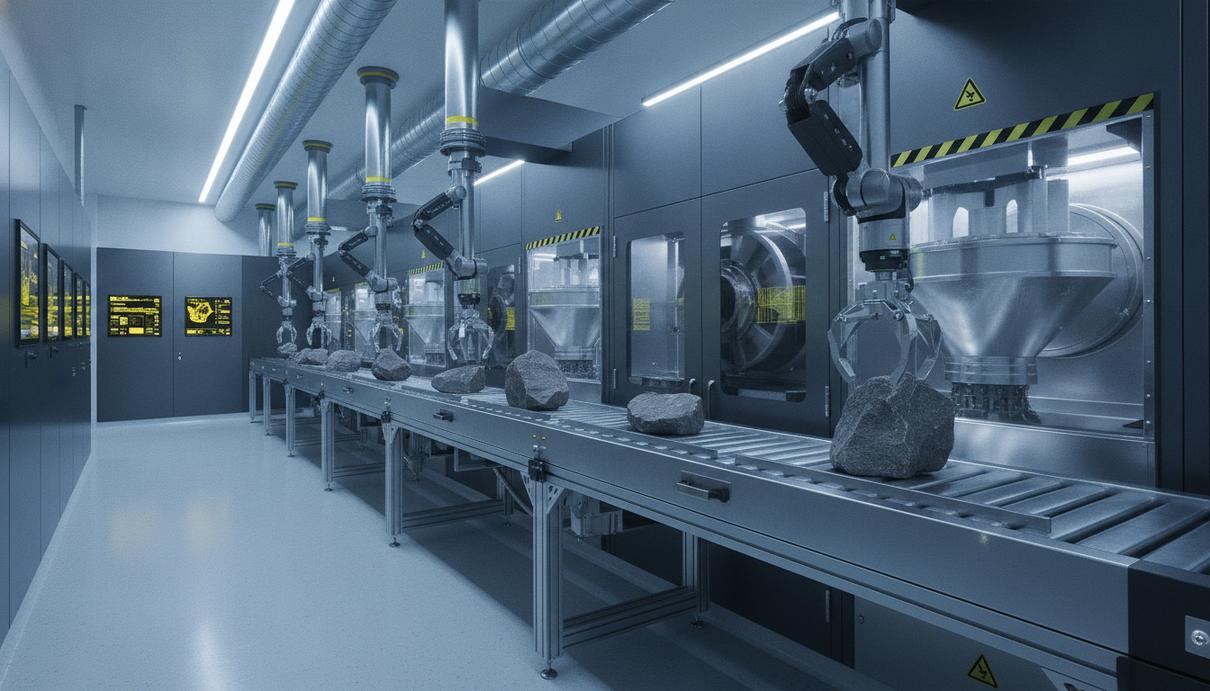 Scott Technology впервые поставит систему пробоподготовки для коммерческой лаборатории Автоматизированная дробильная установка в современной минералогической лаборатории. Роботизированные манипуляторы перемещают образцы породы по конвейеру.