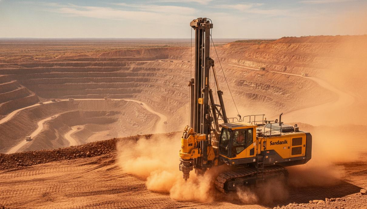 Буровая установка Sandvik Leopard DI650i на карьере в Западной Австралии. Солнечный день, вид на спецтехнику в рабочей среде.