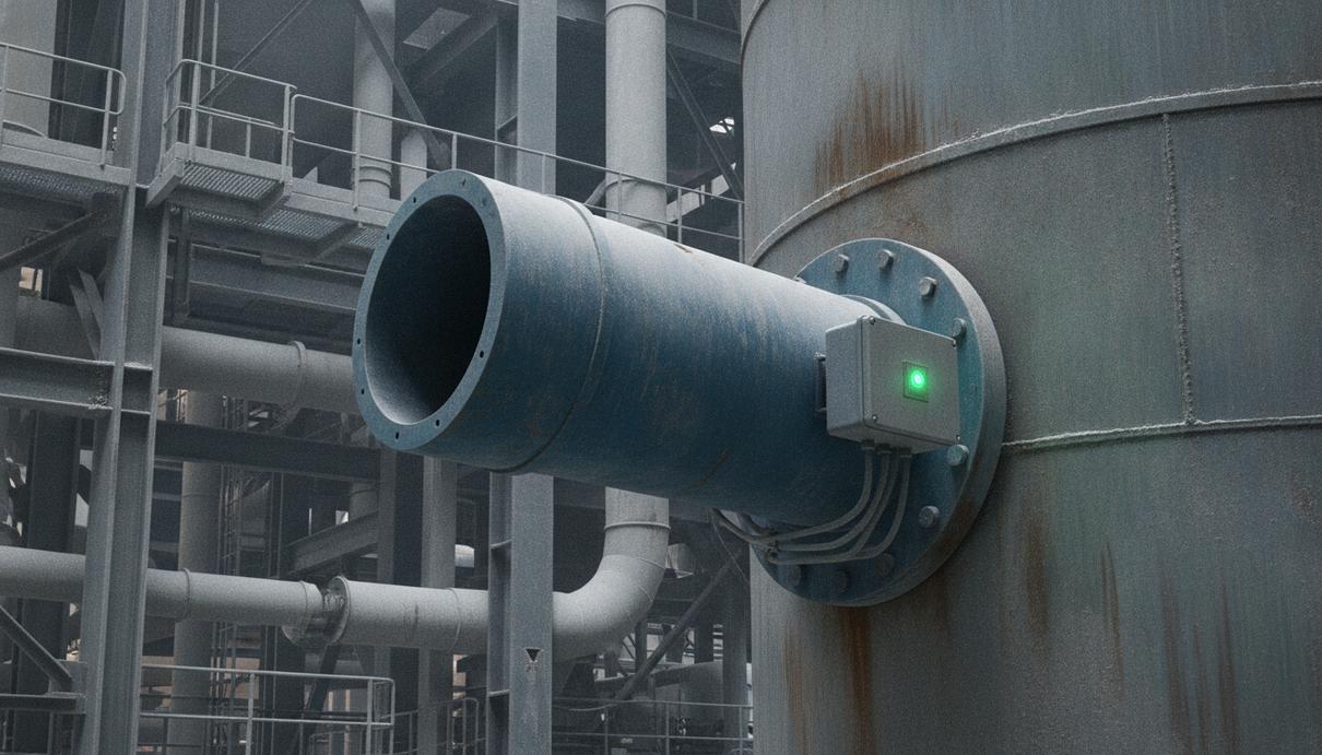 Martin Engineering представила систему контроля промышленных пневмопушек Промышленная пневматическая пушка с цифровым датчиком, установленная на металлической стенке технологической емкости на заводе.